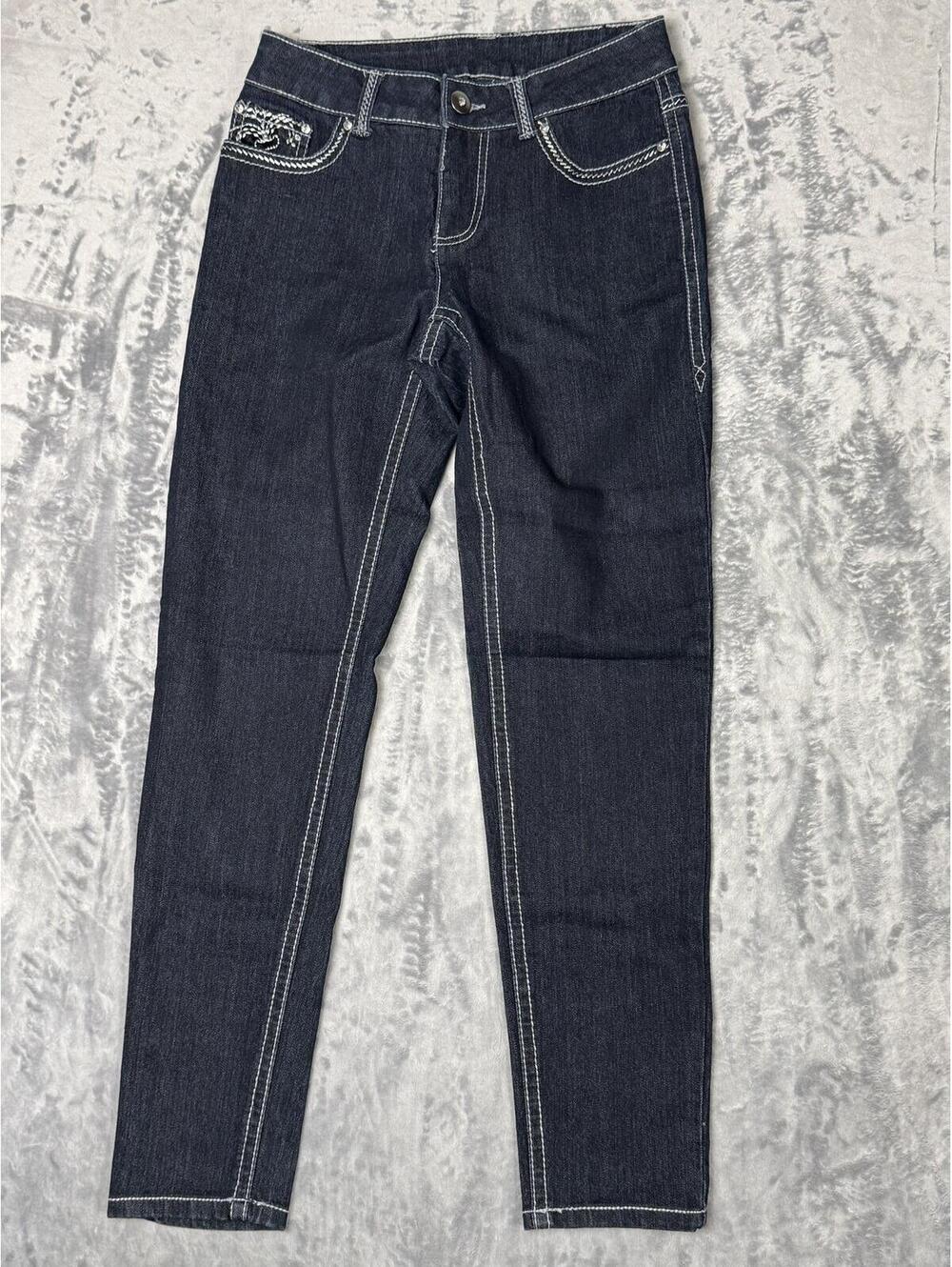 Faded Glory Womens Jeans 4A Dark Wash Embroidered Fleur De Lis Bling Stretch